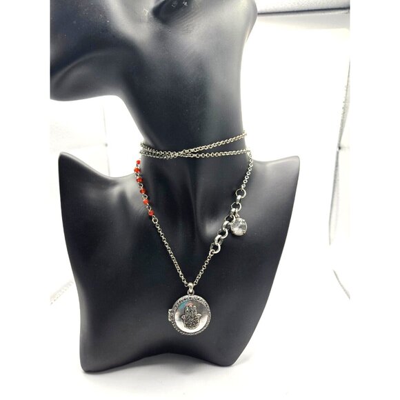 Lucky Brand Hamsa Hand LOCKET 30 inch Silver Chain Rhinestones Red Beads crystal - Picture 4 of 5